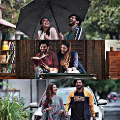 two people walking down the street with an umbrella over their heads and one person holding a book