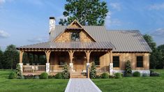 this is a computer rendering of a small log cabin house with porches and columns