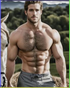 a shirtless man standing next to a white horse in front of a green frame