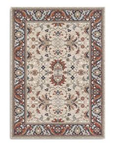 a rug with an ornate design on the front and back side, in beige tones