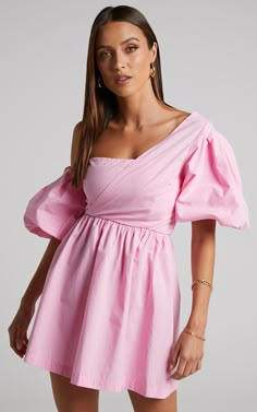 Sula Mini Dress - Asymmetric Off One Shoulder Puff Sleeve Dress in Pink | Showpo USA Pink Puff Sleeve Dress, Vestidos Para Baby Shower, Senior Party, Minimalist Moda, Rush Outfits, Shoulder Puff Sleeve, Rush Dresses, Phi Mu, Puff Sleeve Dress