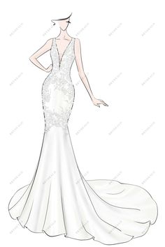 Plunging V-neck Custom-made Lace Satin Mermaid Dress Sketch