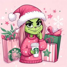 a cartoon character holding a starbucks cup and wearing a santa hat with her hand on her chin