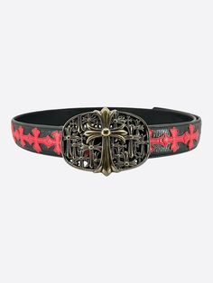 Chrome Hearts Black & Red Cross Patch Cemetery Belt Cross Patch, Red Chrome, Heart Accessories, Street Fashion Men Streetwear, Belt Accessories, Red Cross