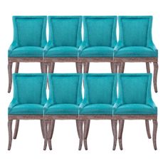 six chairs with blue upholstered cushions