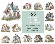 a collection of watercolor houses with the words shabby cottage