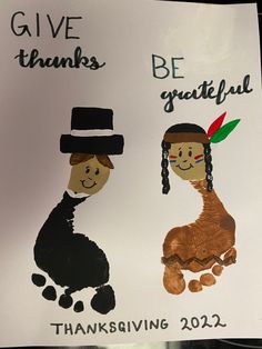 a poster with two children's thanksgiving handprints that say give thanks and be grateful