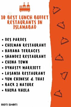 an orange and white menu with the words best lunch buffet restaurants in islamaca