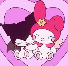 an image of two hello kitty dolls in the shape of a heart