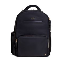 a black backpack with zippers on the front and side, it has a small pocket for