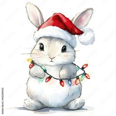 a watercolor painting of a white bunny wearing a christmas hat and lights around its neck