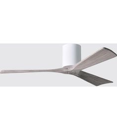 a white ceiling fan with two blades on it's blades and a roll of toilet paper