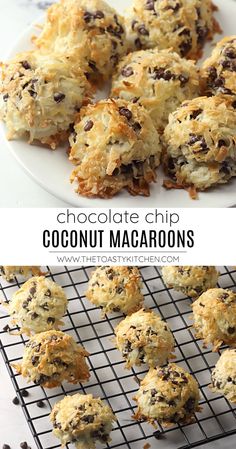 chocolate chip coconut macaroons on a cooling rack with text overlay that reads, chocolate chip coconut macaroons