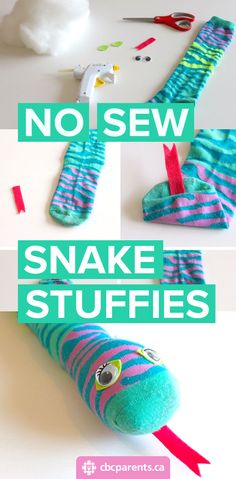 the instructions for making snake stuffed toys are shown in three different pictures, including one with scissors