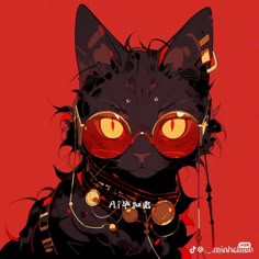 a black cat with red eyes and chains around it's neck, sitting on a red background