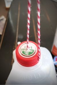 a plastic bottle with some red and white straws hanging from it's top