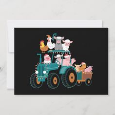 a card featuring farm animals riding on a tractor with chickens and pigs in the back