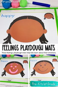 feelings playdough mats with the words happy on them and pictures of children's faces