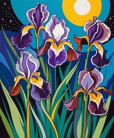 a painting of purple and yellow irises in front of a full moon with stars