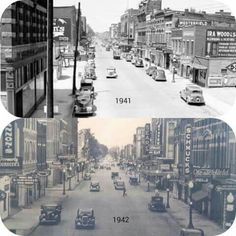 an old and new city street with cars driving down it