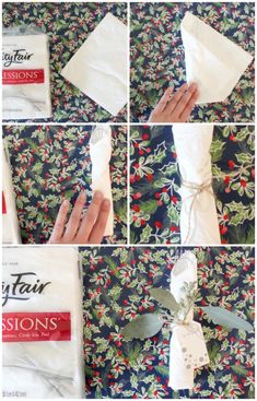 how to make a napkin christmas tree with holly and mist on the top, then wrapped in white paper