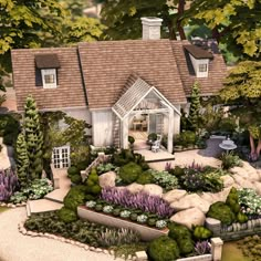 an artist's rendering of a house surrounded by trees and flowers in a garden