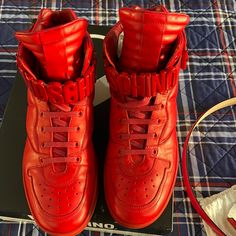 Moschino Mens Red Leather Sneakers Red Painted Letters Like New Size 44 Also Have Brand New Belt On Separate Listing Chino Men, Moschino Shoes, Red High Tops, Red Letters, Painted Letters, Mens Chinos, Red High, Mens Shoes Sneakers, Leather Sneakers