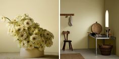 two pictures of flowers in a vase on a table and an empty chair next to it