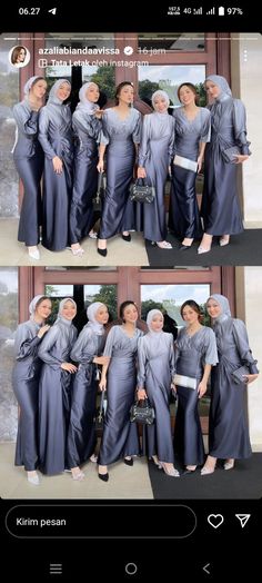 several different pictures of women in dresses and hijabs posing for the camera with each other