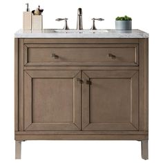 a bathroom vanity with two sinks and an open cabinet on the side, against a white background