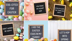 four different pictures with easter eggs and chalkboard sayings