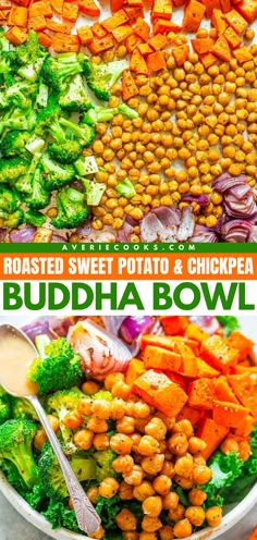 Whip up this healthy lunch idea! It's so easy. While vegan and gluten-free, this Roasted Sweet Potato and Chickpea Buddha Bowl tastes like comfort food. Great as a healthy dinner recipe, too! Chickpea Buddha Bowl, Chickpea And Sweet Potato, Mexican Sweet Potatoes, Vegetarian Bowls, Bowls Recipes, Bowl Meals, Sweet Potato Bowls, Buddha Bowls Recipe