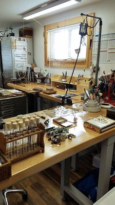 a workbench with lots of items on it