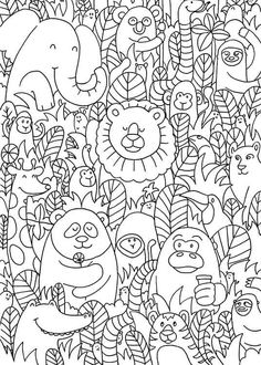 a black and white coloring page with many different animals