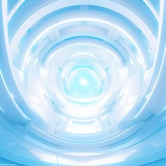 the inside of a white and blue building with light coming from it's ceiling