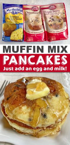 pancakes with butter on top and muffin mix in the middle, sitting on a white plate