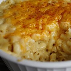 a white bowl filled with macaroni and cheese