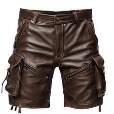 Rev up your style with these new men's leather cargo shorts! Made with real lambskin, these brown shorts are perfect for any biker, rocker, or retro enthusiast. The fringe and zipper accents add a touch of punk and the cargo pockets provide functionality. Available in XS to 3XL sizes, these shorts are handmade in Pakistan and feature an adjustable waist for the perfect fit. Get ready to hit the road in style! 🏍️🤘 #LeatherShorts #CargoShorts #BikerStyle #RockerChic #VintageFashion #BohemianVibe Men’s Cargo Shorts, Guys Motorcycle, Leather Outfit Men, Brown Leather Shorts, Leather Pants Outfit Night, Biker Clothes, Summer Fits Men, Bermuda Shorts Outfit, Bike Shorts Outfit