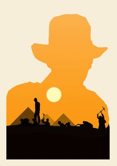 the silhouette of a man with a hat on standing in front of pyramids at sunset