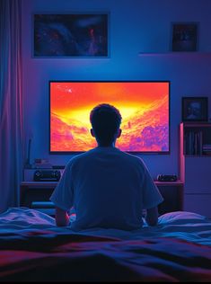 a man sitting in front of a flat screen tv on a wall mounted above a bed