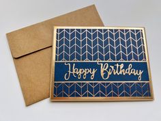 a blue and gold birthday card with the words happy birthday written in gold on it