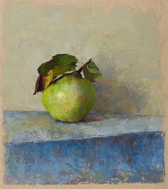 an oil painting of a green apple on a blue table cloth with leaves in it