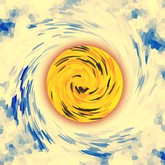 an abstract painting of a yellow and blue swirl in the middle of a white background