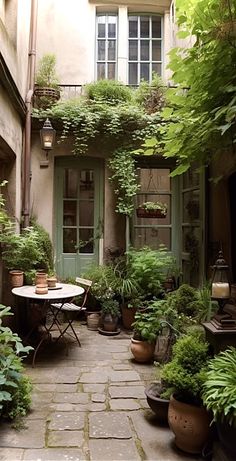 an alleyway with potted plants and tables in front of the doors, surrounded by greenery