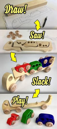 the instructions for how to make a wooden toy car with wheels and wood pegs