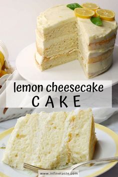 whole cake with slice missing and title in center Lemon Cheesecake Cake, Lemon Cheesecake Filling, Baking Cheesecake, Recipes Deserts, Cake With Lemon Curd, The Best Cakes, Lemon Cheesecake Recipes, Cake Cups, Dessert Oreo