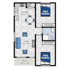 the floor plan for a two bedroom apartment with an attached kitchen, living room and dining area