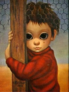 a painting of a little boy holding on to a fence post with his eyes wide open