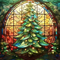 a stained glass window with a christmas tree in it