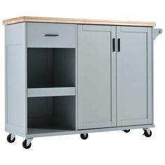 a gray cabinet with two doors and wheels